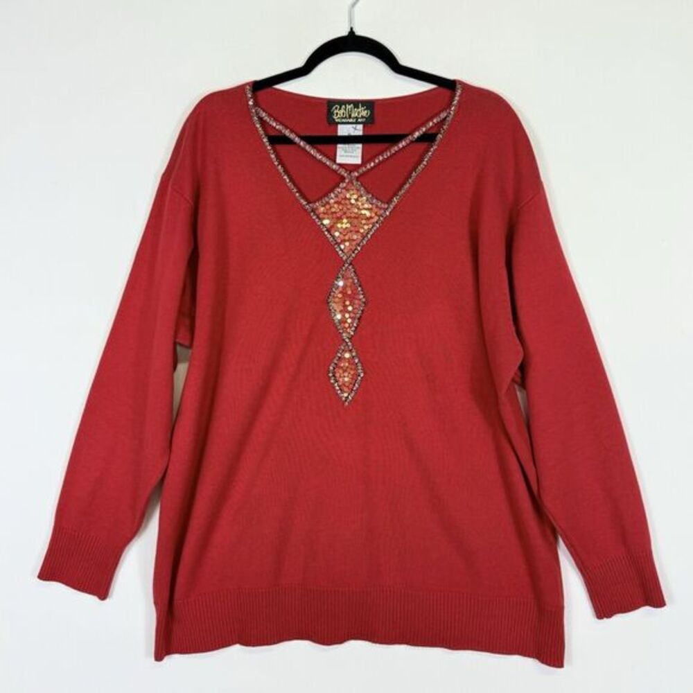 Bob Mackie Sweater Womens XL Red Sequin Beaded Colorful Artsy Art To Wear Knit